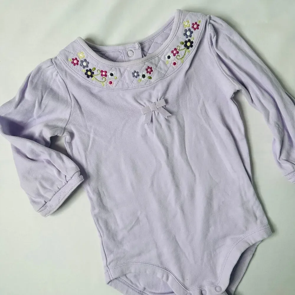 Y2K 2006 Gymboree Lilac Purple Long Sleeve Onesie w/ Floral Embroidered Collar